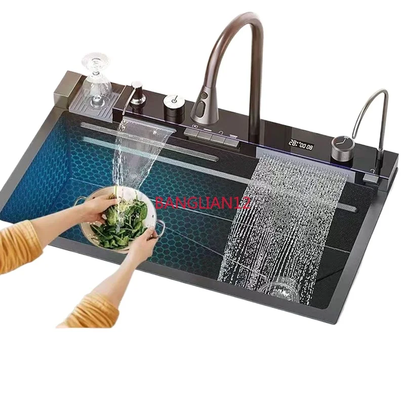Stainless steel 304 sink digital waterfall single slot honeycomb embossed embedded kitchen supplies