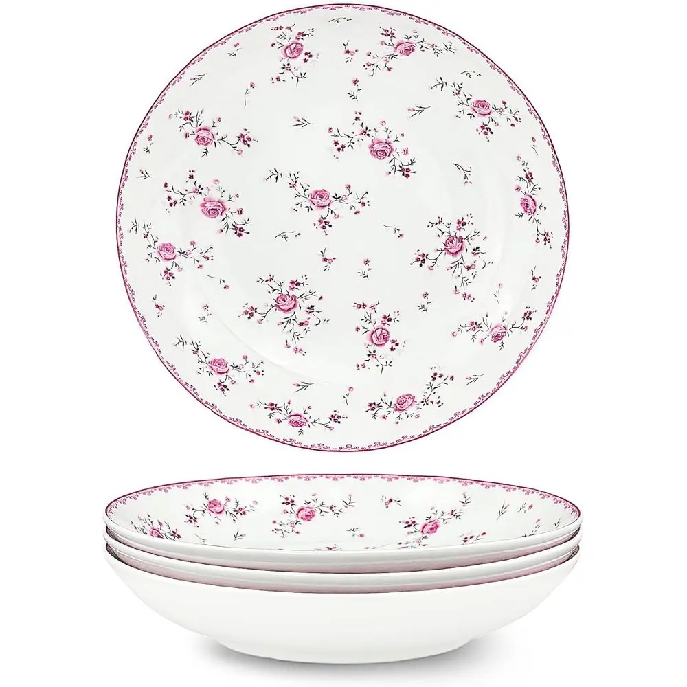 

8 Inch Porcelain Salad Bowls Set of 4, Round Floral Plates Set for Soup, Pasta, Dessert, Fruit