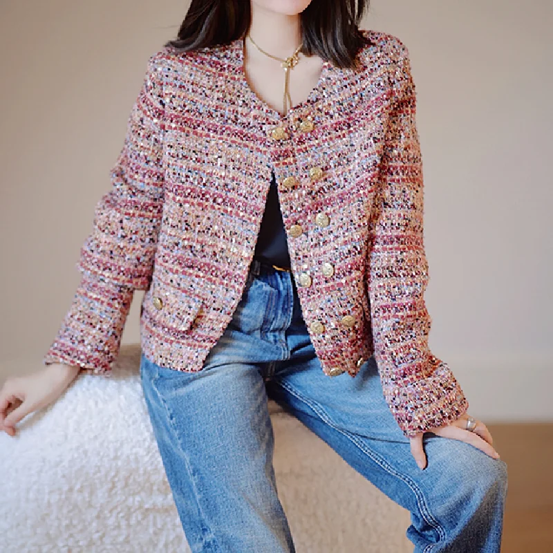 High Quality Design Women Pink Tweed Jacket Coat Small Fragrant Autumn O Neck Double-Breasted Color Woolen Weave Short Outerwer image 4