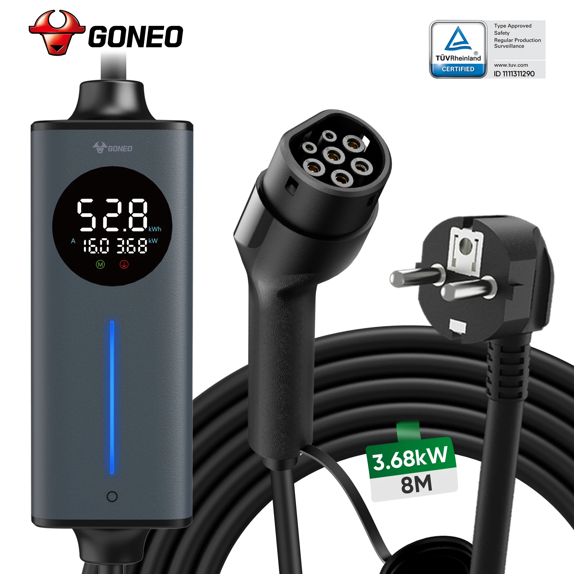 GONEO Type 2 Draagbare EV-lader 3,68kW 16A, Schuko-stekker EVSE Elektrische Autolader, Dubbele NTC Temperatuurmonitoring, RCD-lekstroombeveiliging, Instelbare Stroom & Timer