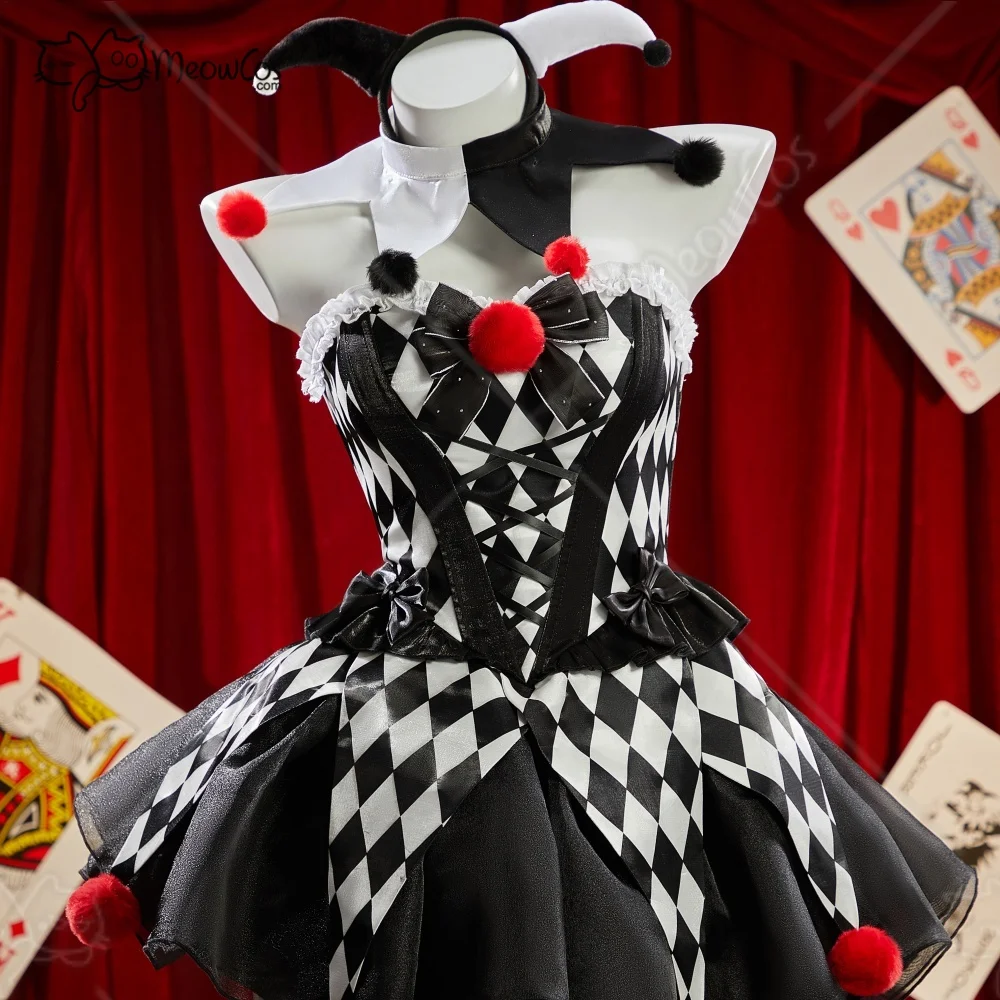 Meowcos.com Women's Moonlit Jester Gothic Plaid Clown Corset Skirt Set Black White Diamond Pattern Top and Puffy Skirt Halloween view 2