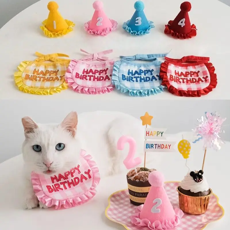 Cat Dog Birthday Bib And Party Hat Mini Doggy Cat Adjustable Bandana Scarf Pet Birthday Outfit Puppy Supplies Plaid Hat Scarf