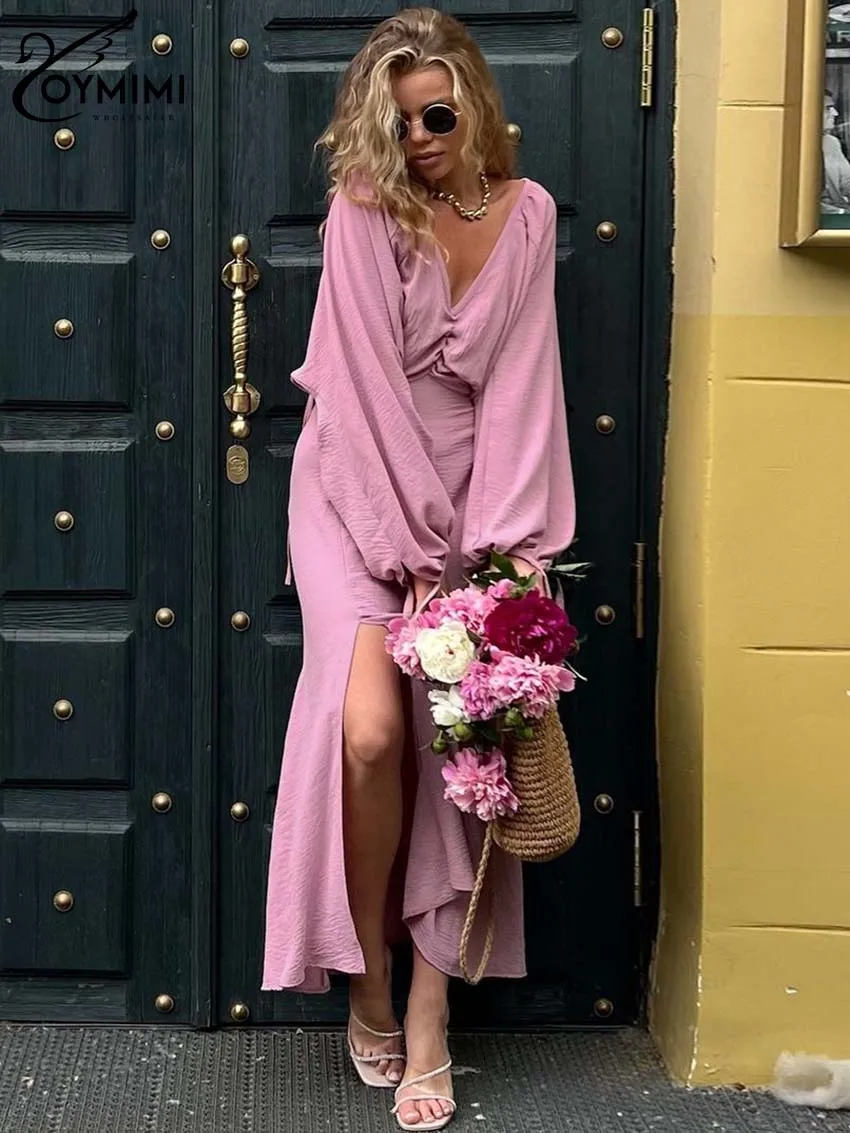 

Oymimi Elegant Pink V-Neck Women's Dress Fashion Long Sleeve Open Back Lace-Up Dresses Autumn Sdie Slit Ankle-Length Dresses