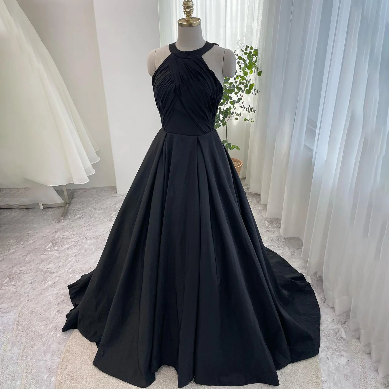 

GIOIO O-Neck Korea Garden Evening Dresses Pleat Black Sleeveless Formal 프롬드레스 Ankle Length Elegant Prom Gowns Party Women