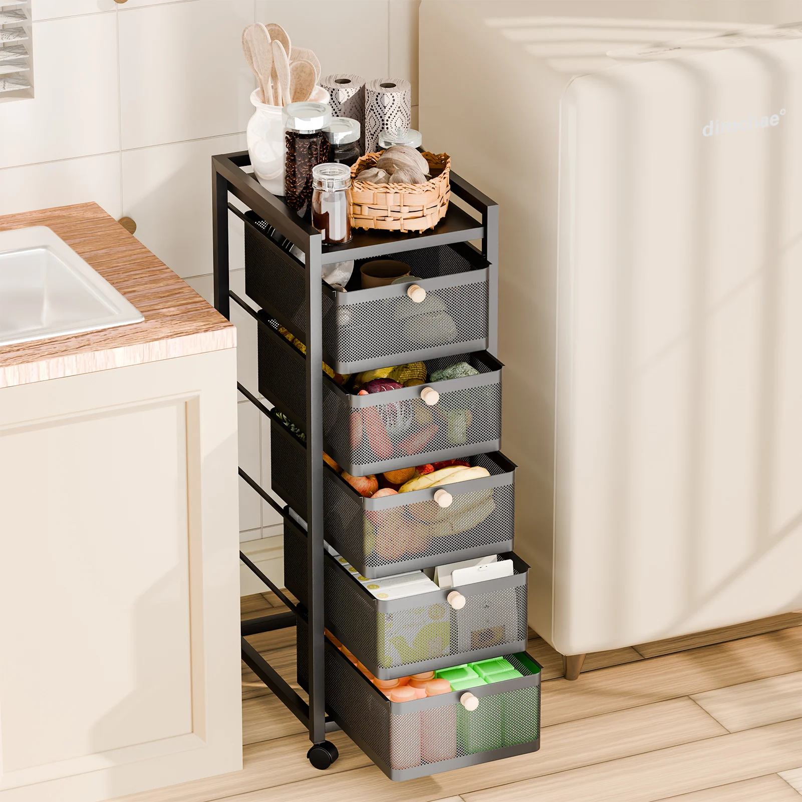 6 Tiers Slim Rolling Storage Cart, Fruit Vegetable Storage Cart, Narrow Metal Storage Cart with Pull-Out Basket