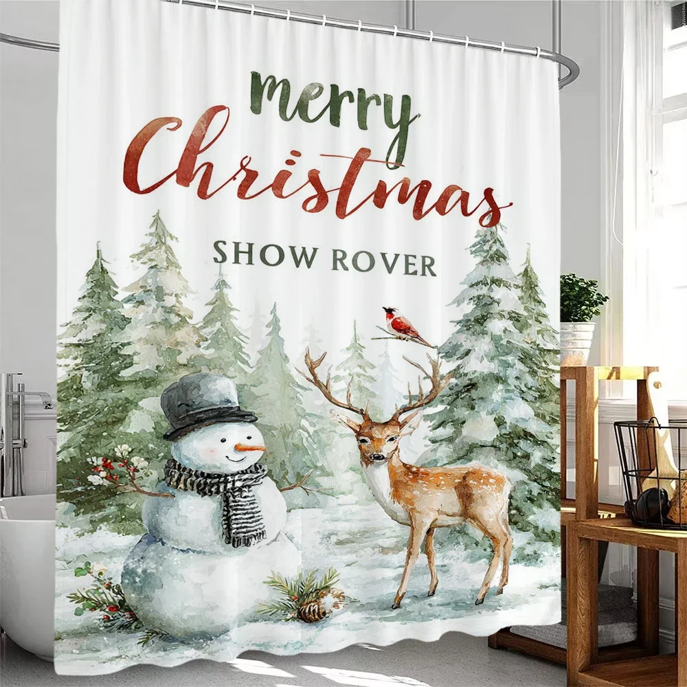 Cartoon Snowman Shower Curtains with hooks Christmas tree,Santa Claus Christmas Bathroom Curtain，home Decor Christmas Curtain