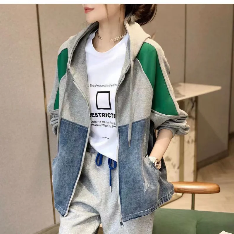 Fashion Denim Jacket Women\'s Korean Casual New Hooded Sweatshirt Denim Jacket Spring and Autumn Patch Patchwork Jacket 2023