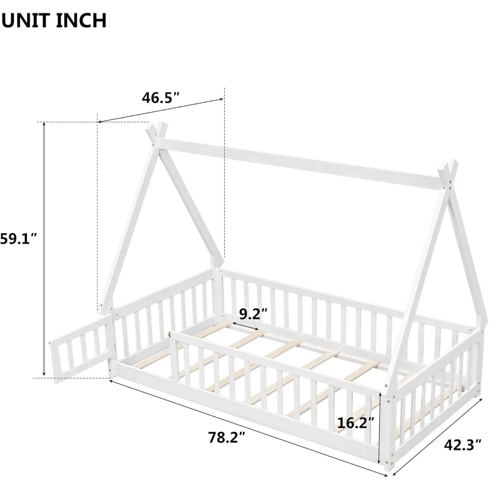 Двуспальная напольная кровать для детей, напольная кровать Монтессори в форме палатки с рейками и направляющими, двуспальный деревянный каркас кровати-типи с ограждением