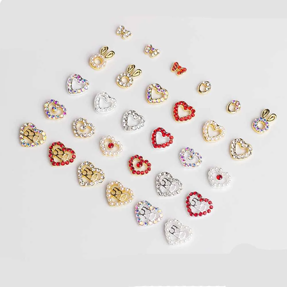 10pcs Luxury Hollow Heart Nail Art Charm 3D AB/White/Red Pearl Crystal Gem Nail Jewelry Parts DIY Love Dersign Nail Decor Parts