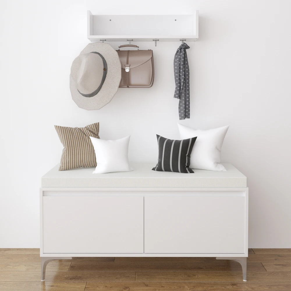 Wall-Mounted Entryway Shelf with Hooks and Storage Bench Set, Modern White Shoe Cabinet with Cushion and Closed Storage
