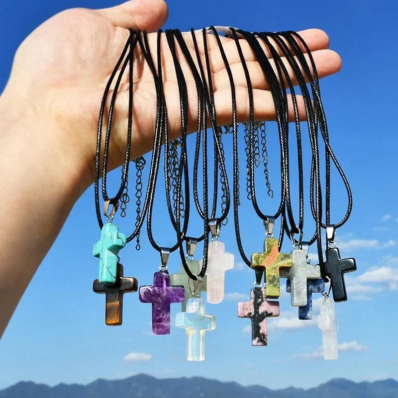 فاسق الصخرة الملونة الحجر الطبيعي الصليب قلادة قلادة للرجال النساء كول الهيب هوب الشارع خمر Y2K الجرونج القوطي مجوهرات هدية #4
