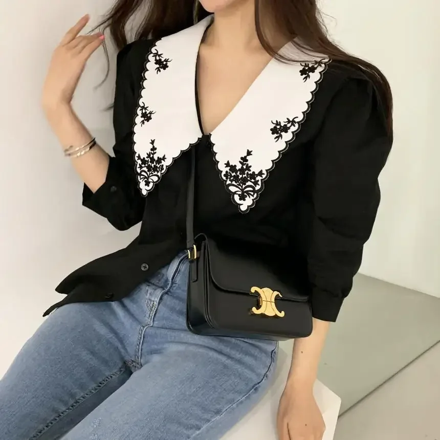 Women Shirts Peter Pan Collar Short Puff Sleeve Trendy Embroidery Retro Elegant All-match Teens Streetwear Blouses Fairy Ulzzang