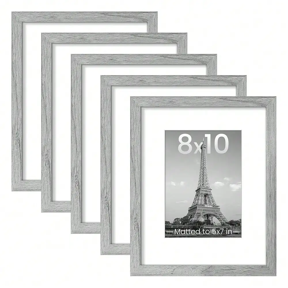 

8x10 Picture Frame Set Of 5, Display Pictures 5x7 With Mat Or 8 X 10 Without, Wall Gallery Photo Frames, Gray