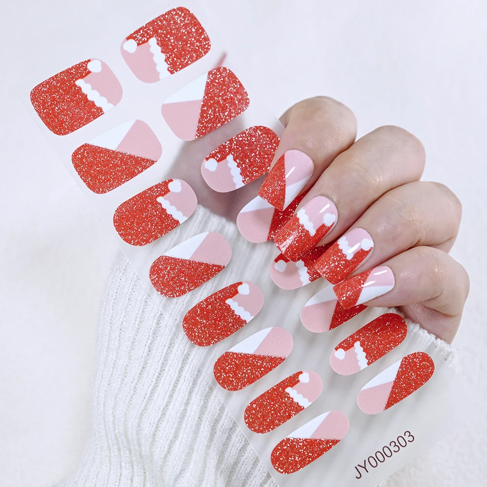 16 Tipps/Blatt, rote Weihnachts-Gel-Nagelaufkleber, Schneeflocken, Stern, Glitzer, Linien-Design, backfreier Nagelwickel, selbstklebender Weihnachtsschieber