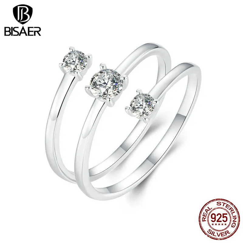 BISAER 925 Sterling Silver Third Floor Shining Zircon Open Ring Simple Band Plated White Gold for Women Wedding Fine Jewelry