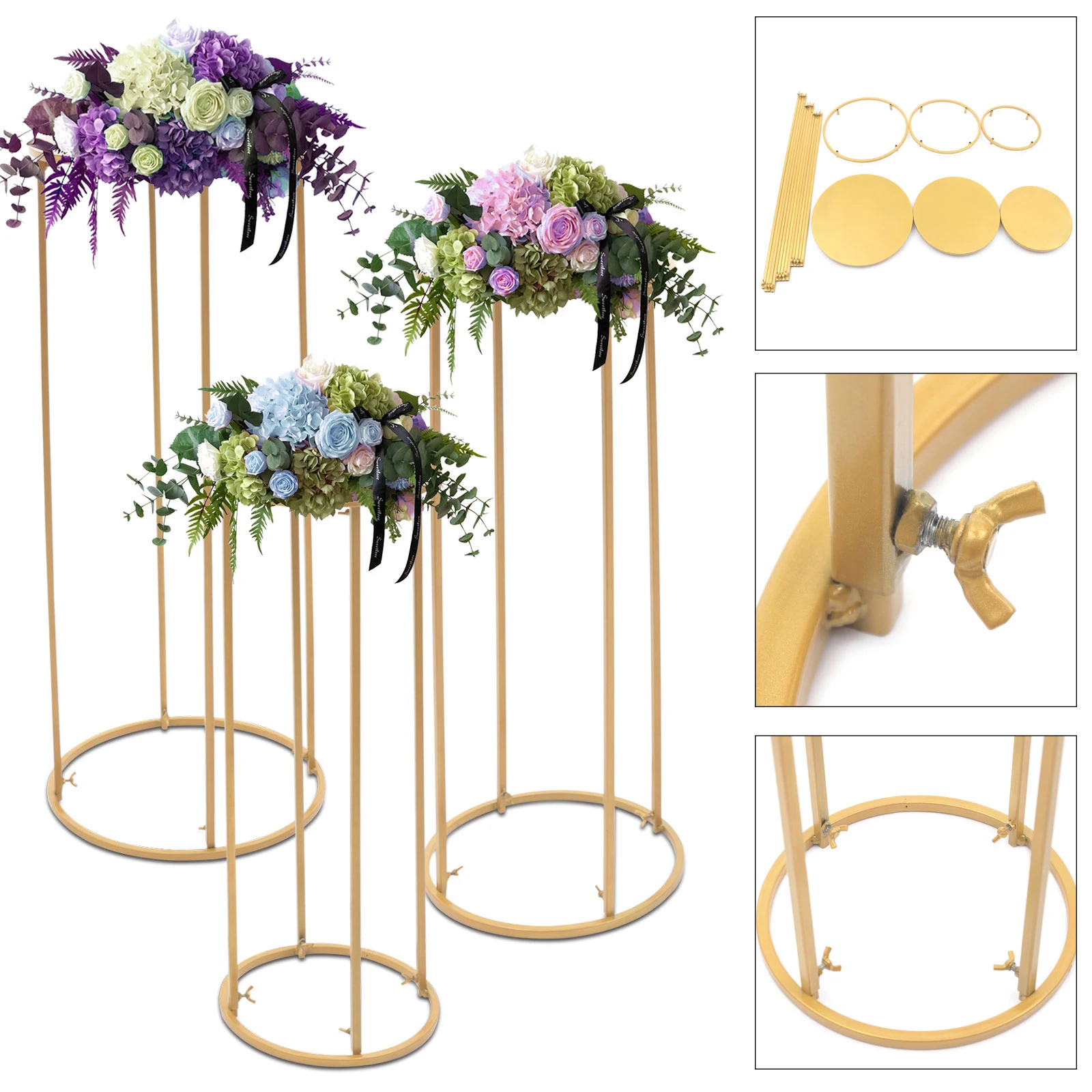 3Pcs Gold Flower Stands Metal Round Floor Vase Column Rack Wedding Centerpiece Prop Decor Display Holder for Wedding Party