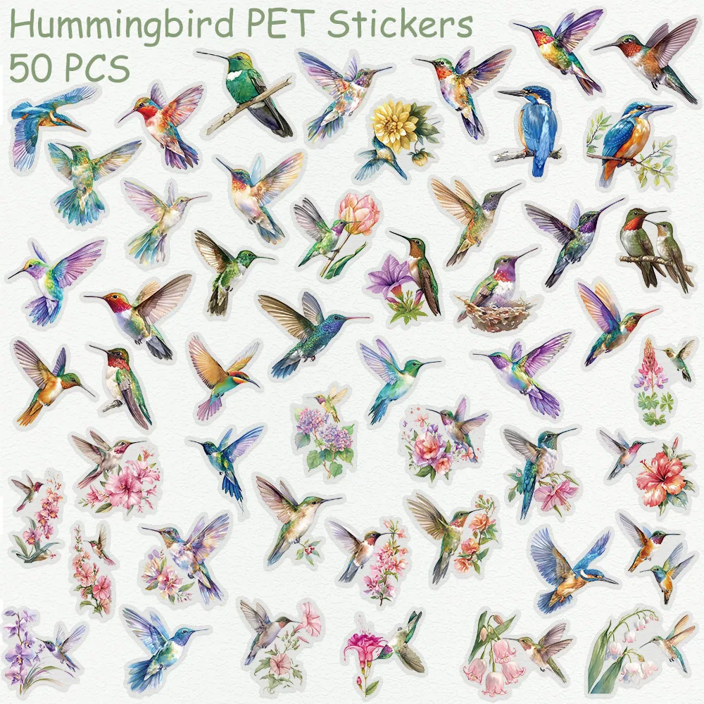 50 stuks Hummingbird PET-stickers stickers voor telefoon laptop notebook skateboard koelkast DIY esthetische transparante stickers