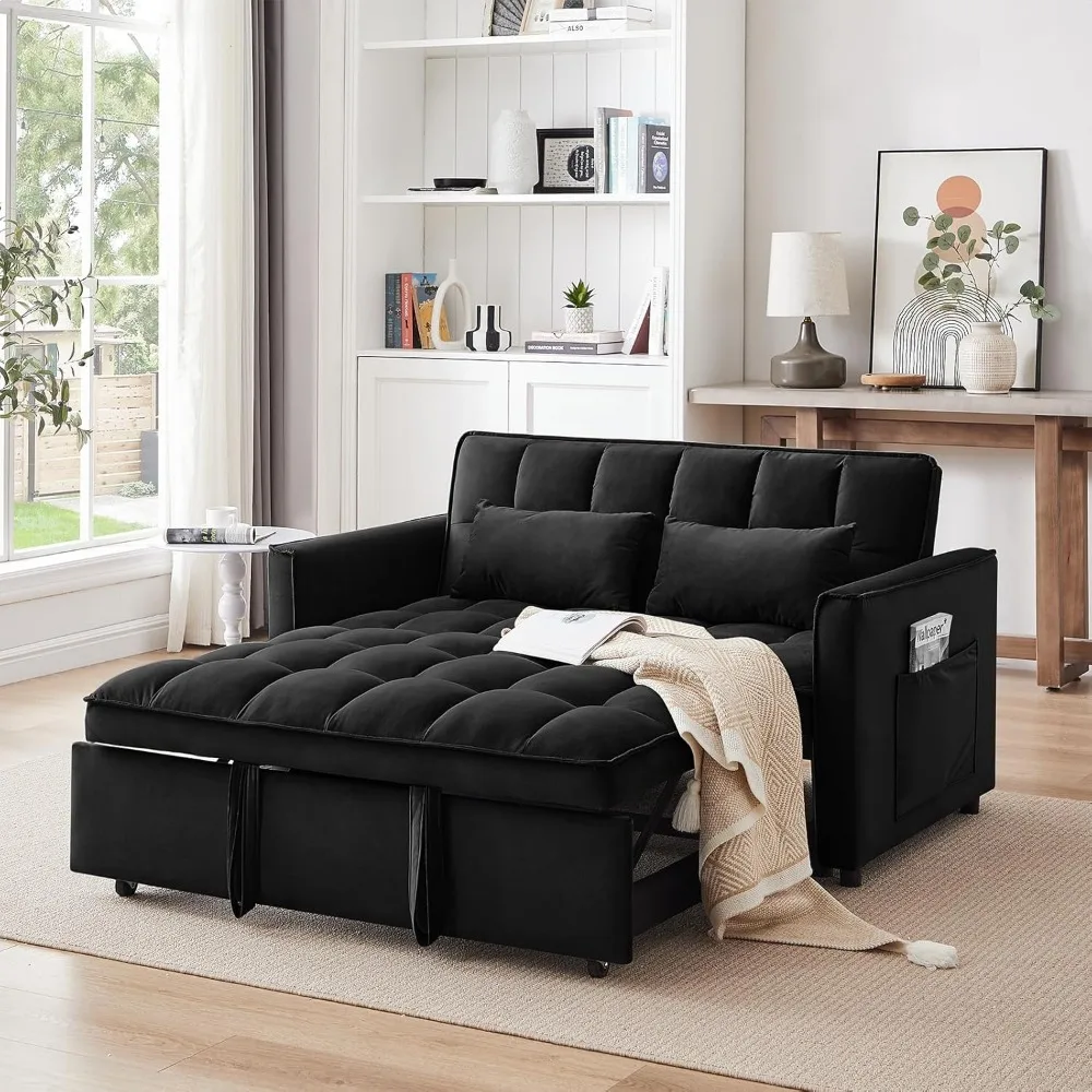 55 Inch Convertible Sleeper Sofa 3 in 1 Velvet Small Loveseat with Pull Out Bed, Reclining Backrest, Sofas