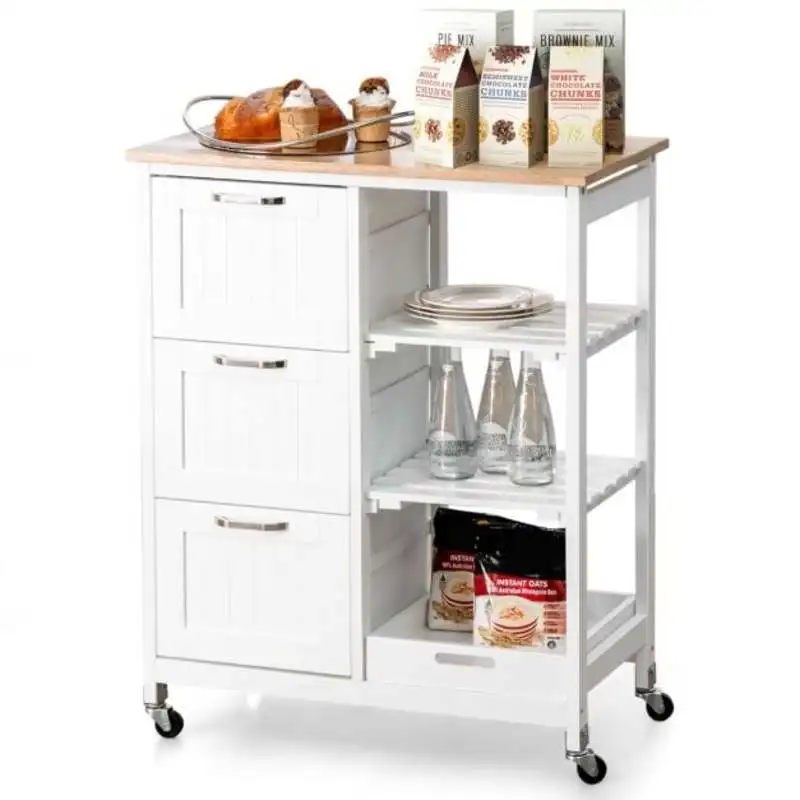 

Rolling Kitchen Island Utility Storage Cart with 3 Large Drawers-White