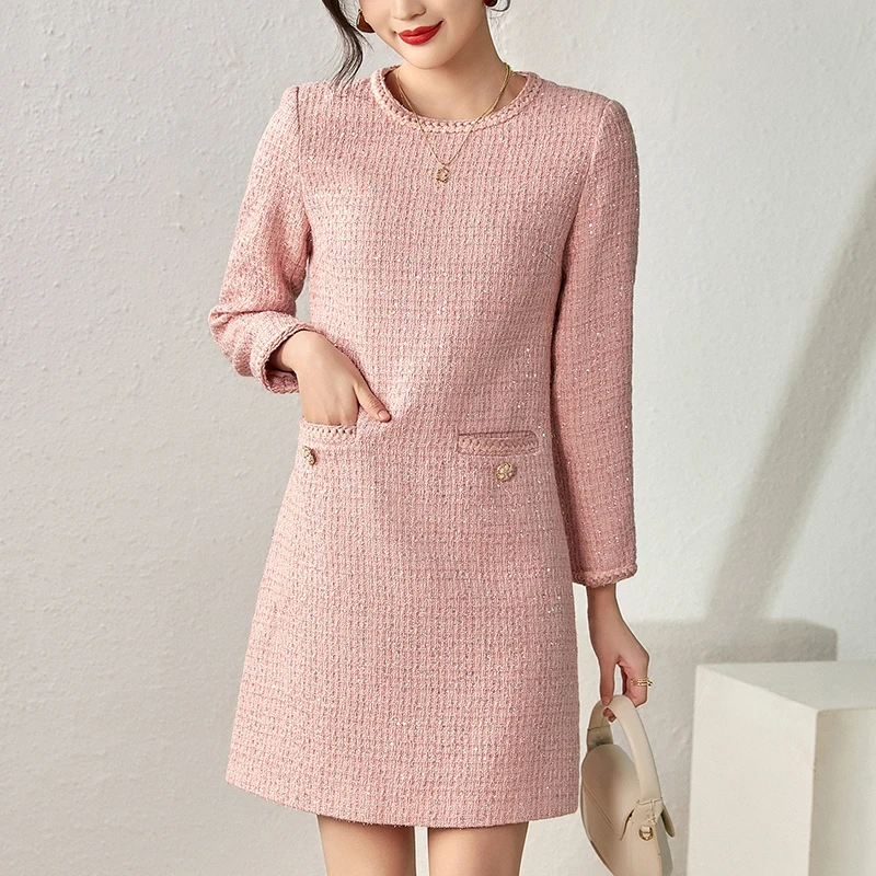 

Autumn Winter Elegant Party Dresses For Women Sequins Long Sleeve Women's Clothing A-line Office Lady Vintage Tweed Dress Slim