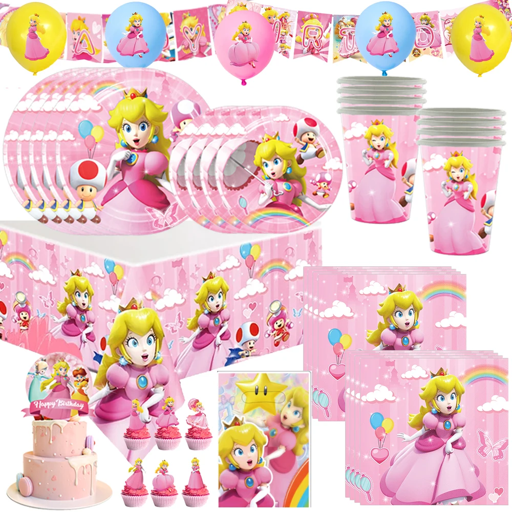 Decoración de fiesta de cumpleaños de princesa Peach, juego de vajilla desechable, taza, plato, pancarta, globos para suministros de Baby Shower, regalos para niñas