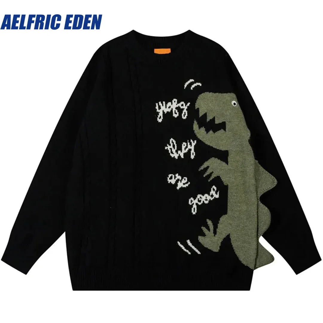 Aelfric Eden Hip Hop dinozor kazak Y2K erkekler Harajuku örme komik karikatür Jumper Streetwear Casual gevşek kazak triko