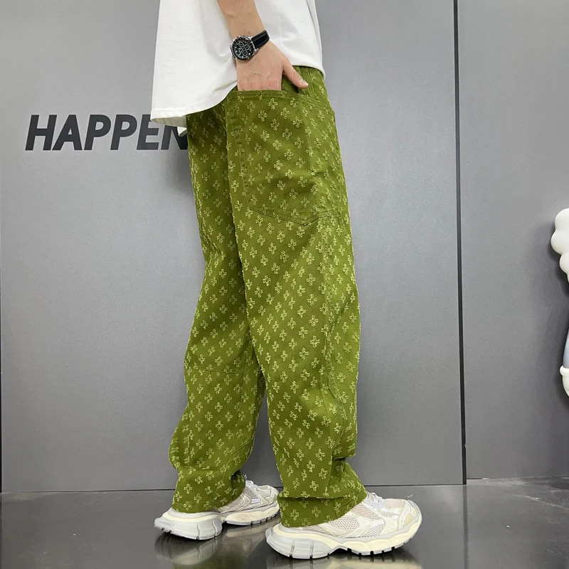 Retro Street Hip Hop Jeans Men\'s Loose Straight Trend High Street Y2K Fashion Casual Handsome Wide-Leg High-End Trousers