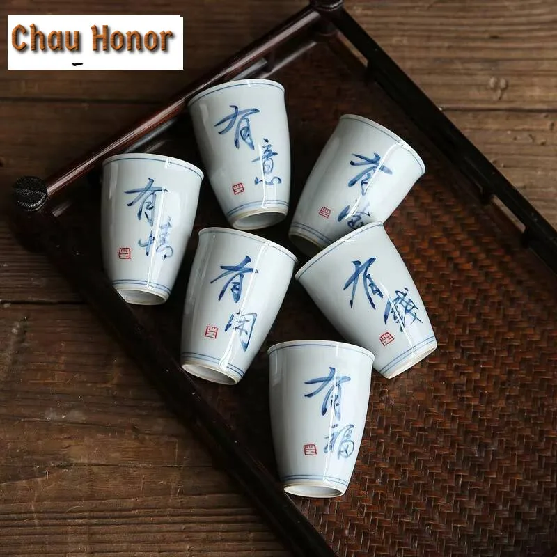 2pc/lot Hand-painted Calligraphy Tea Cup Fragrance-smelling Cup Tall Cup Literati Tea Ware Mug Single Cup Kung Fu Tea Set 60ml
