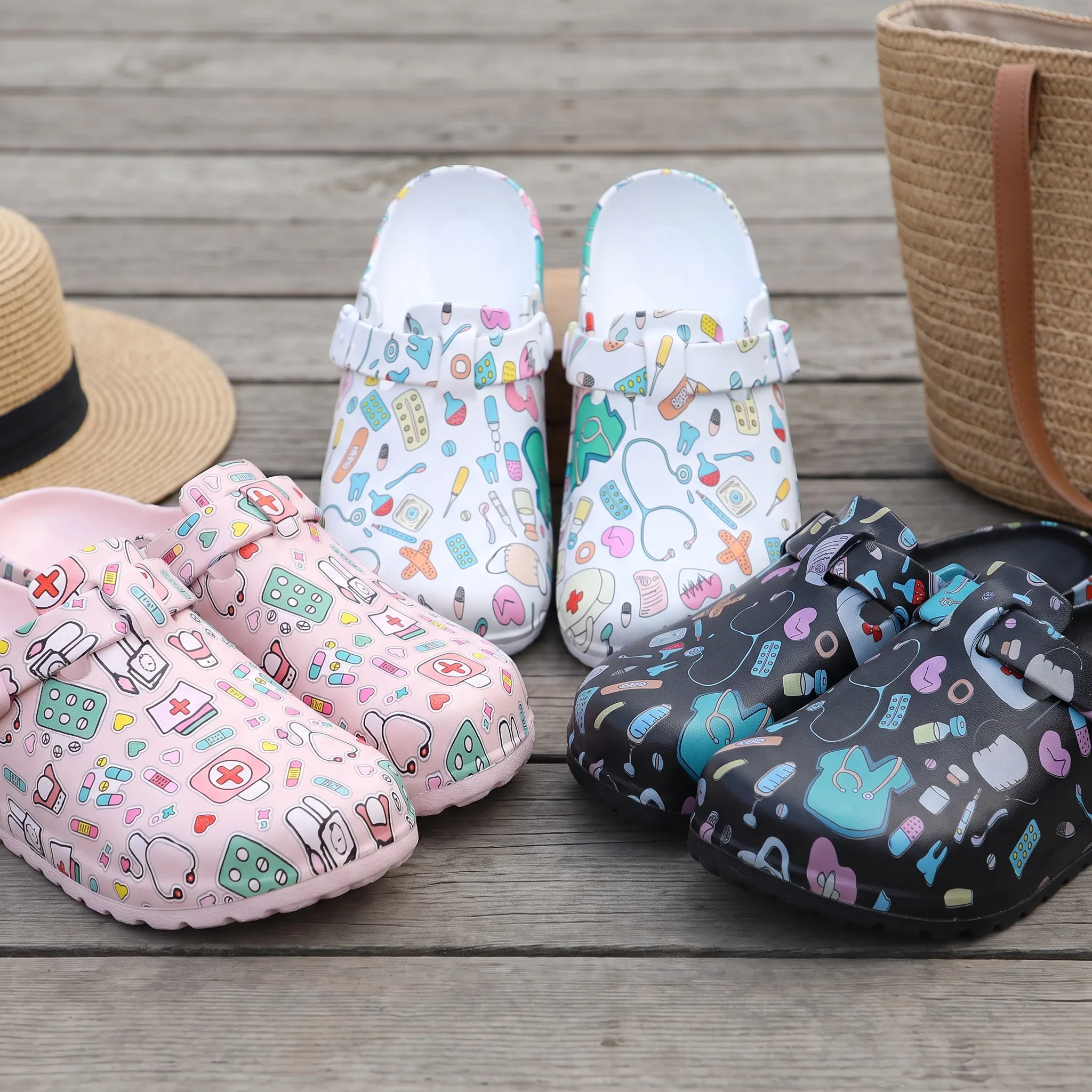 Women's Nursing Clogs Medical Print EVA Lightweight Closed Toe Hospital Clinic Healthcare Work Mules with Adjustable Buckle