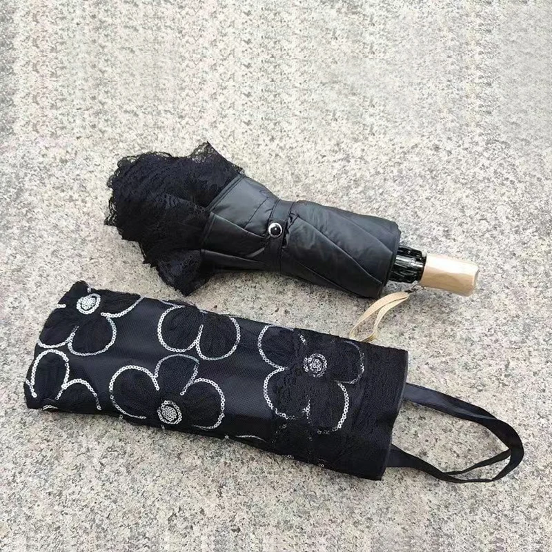 

2 3-кратный кружевной цветок с защитой от УФ-излучения, женский зонт от дождя, женский уличный дорожный ветрозащитный солнечный и дождливый зонтик от солнца, портативный черный