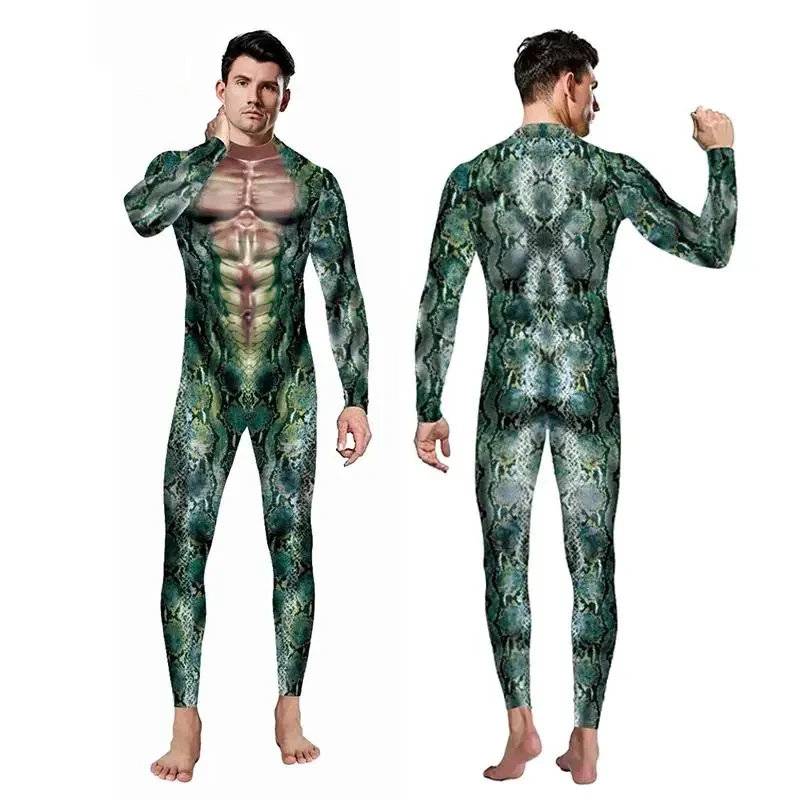 

Halloween Adult Sexy Men Women Costume Faux Snakeskin Digital Printing Animal Party Bodysuit Muscle Cosplay Party Jumpsuit