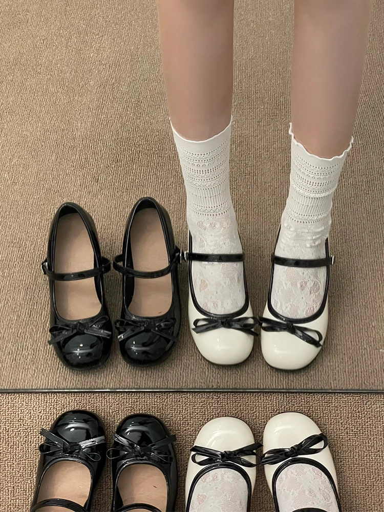 

White Sweet Bowknot Chunky Heel High Heels Women's Fashion Spring Mary Janes Shoes round Toe Rubber Outsole PU