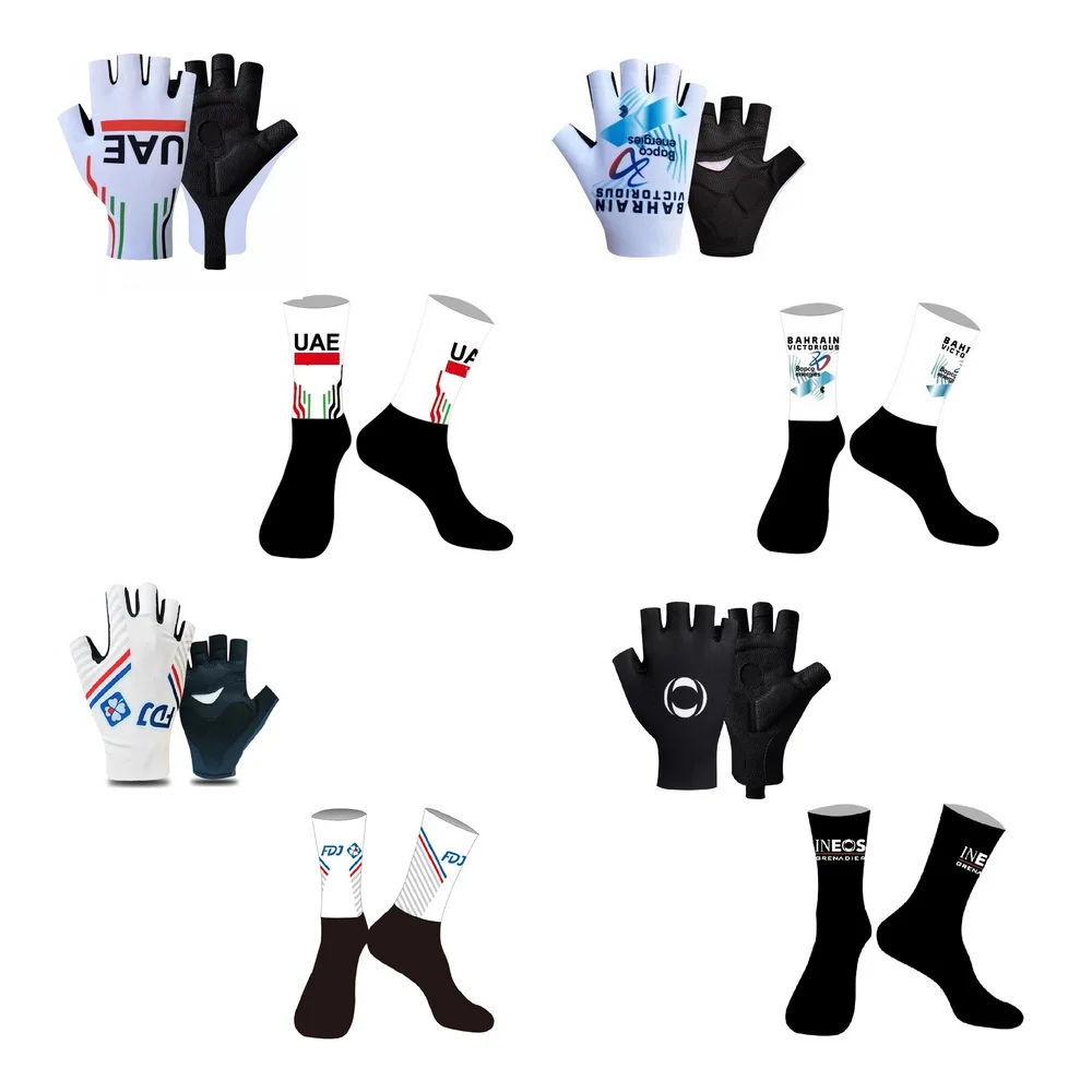 

UAE BAHRAIN FDJ INEOS Team, одна пара велосипедных перчаток с половиной пальца + ОДНА ПАРА ВЕЛОСИПЕДНЫХ НОСКИ