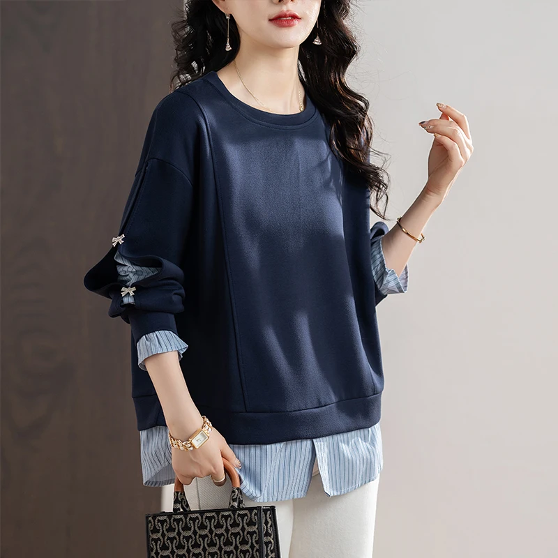 

Модный женский свитшот большого размера в полоску, длинная круглая верхняя одежда Ne, повседневный удобный осенний топ из полиэфирного волокна