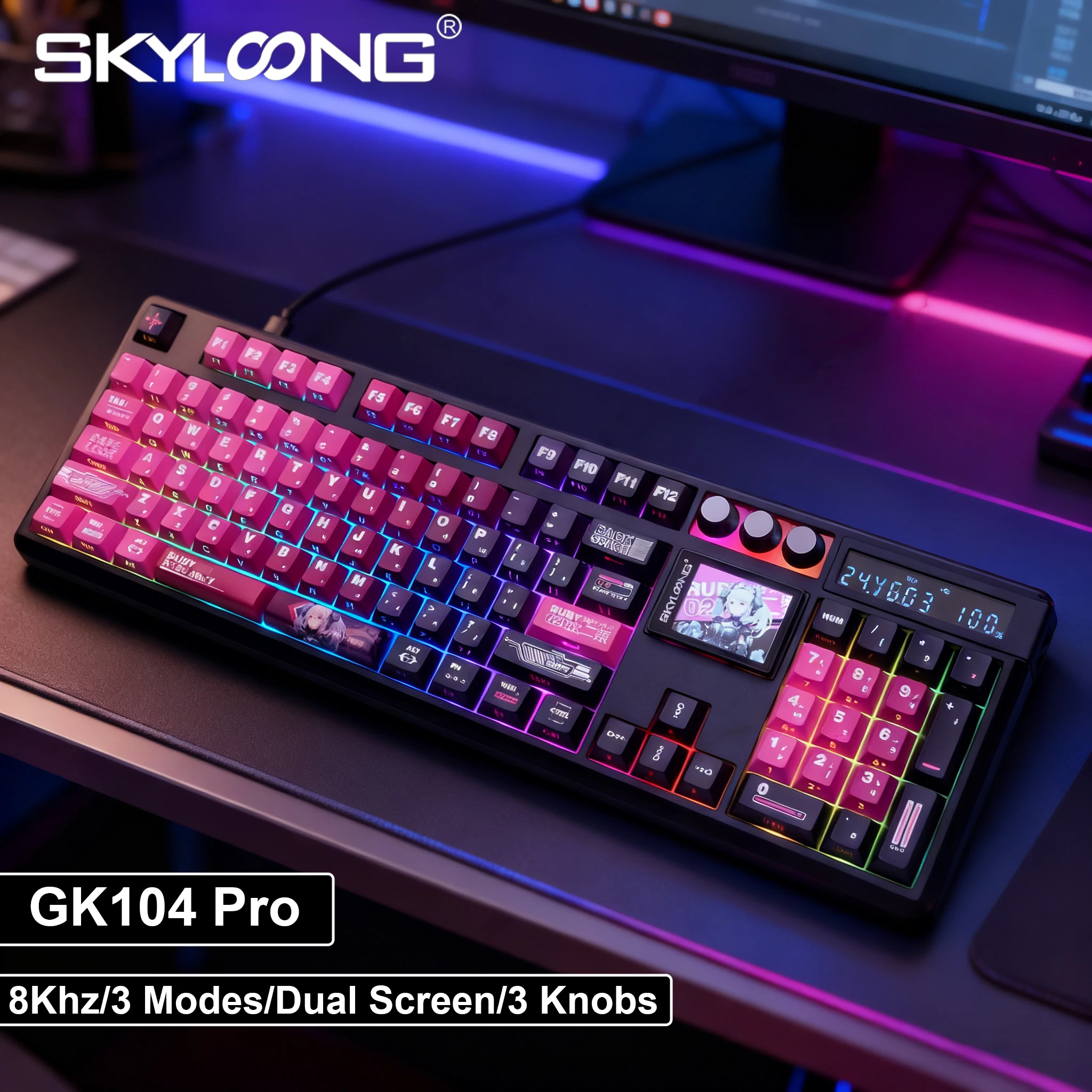 

SKYLOONG GK104 Pro Full-Size 3-Mode Wireless Mechanical Keyboard with 3.0 Screen 3 Knobs Hot-Swappable Silent Switch PBT keycaps