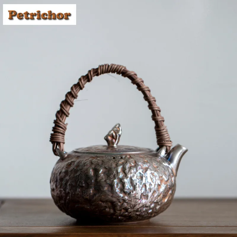 

350ml Coarse Pottery Gilded Silver Rattan Woven Beam Teapot Aesthetic Tea Infuser Pot Tea Brewing Kettle With Ball Hole Ornament
