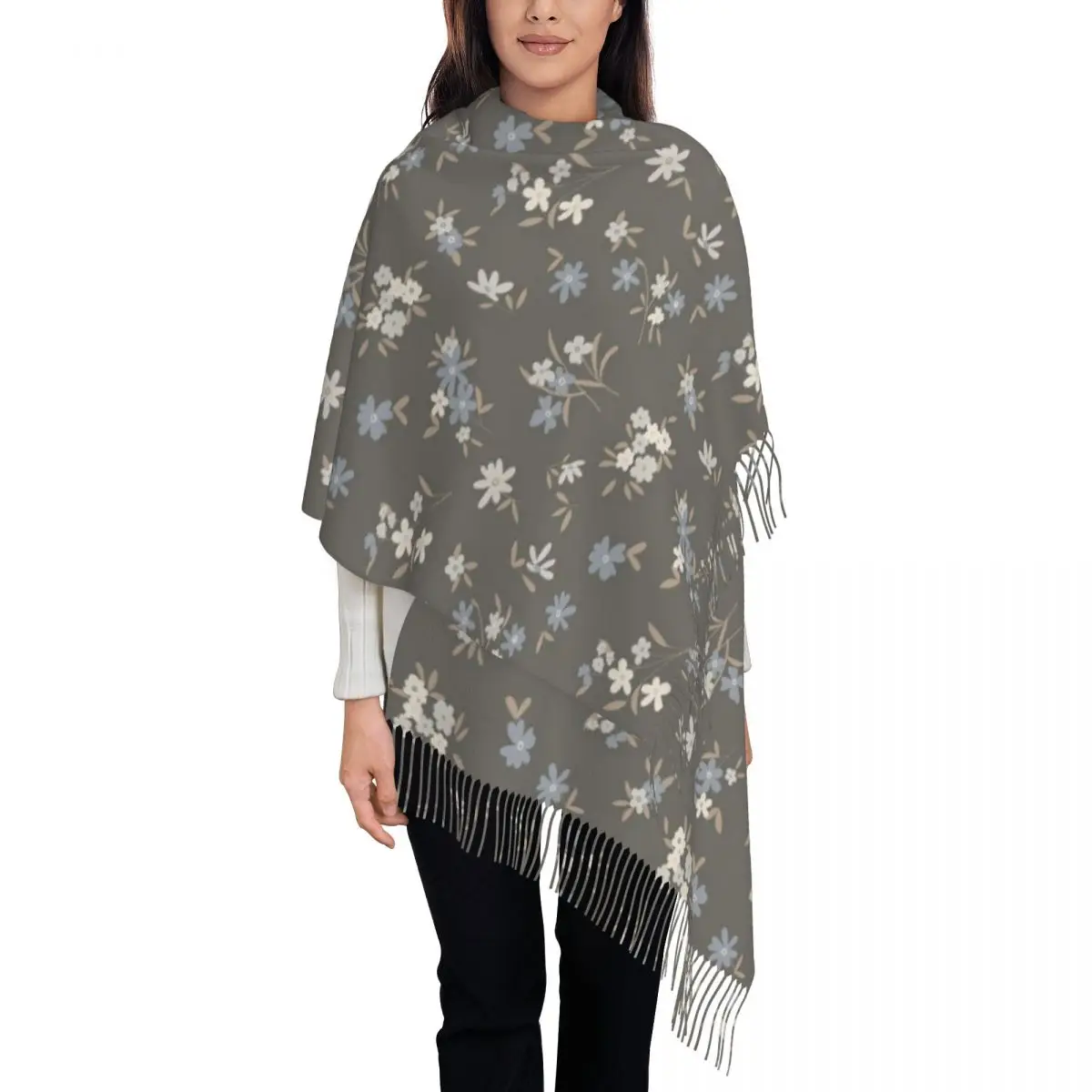 Grey Ditsy Floral Scarf Tassel Scarves Women Soft Warm Shawls and Wraps Long Fall Winter Shawl Wrap