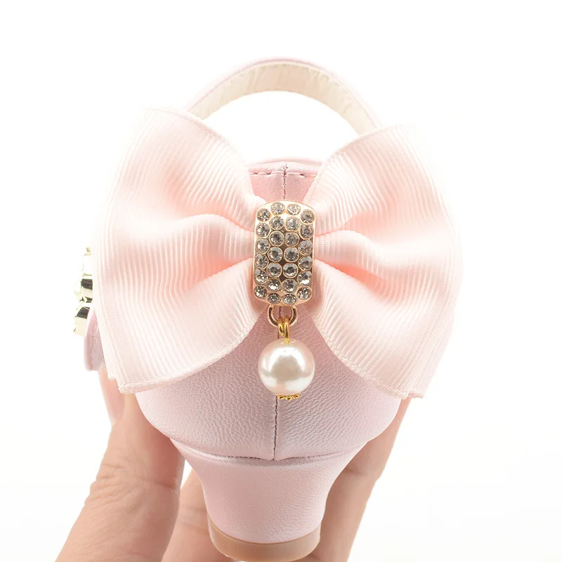 Children High Heel Girls Leather Shoes Bowkno Princess Shoes for Kids Performance Dress Student Show Dance Girls Sandals 27-38