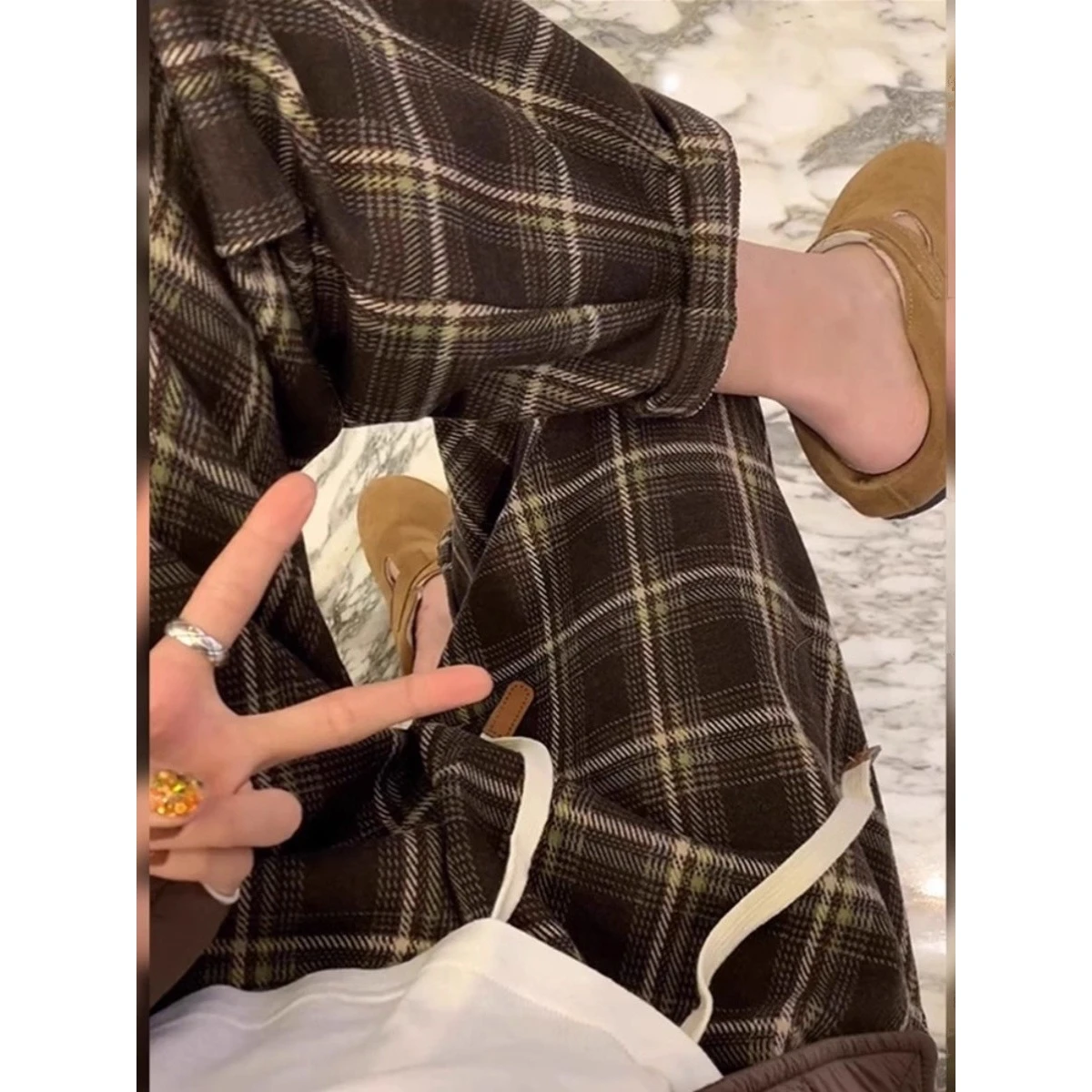 Pantalon décontracté à carreaux pour hommes, grande taille, Thiened Fce Dstring, jambes larges, automne hiver, jambe droite, pantalon Long chaud