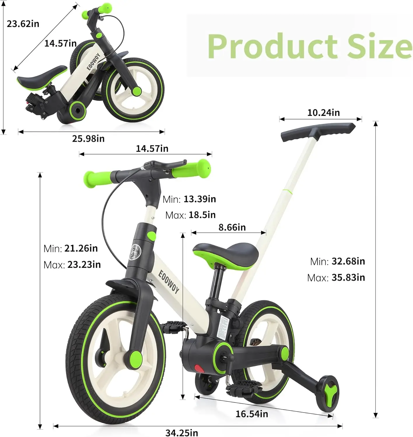 دراجة دفع قابلة للطي بمقبض للأطفال ، عجلات تدريب ودواسات 6 في 1 ، دراجة توازن ، 18-60 شهرًا