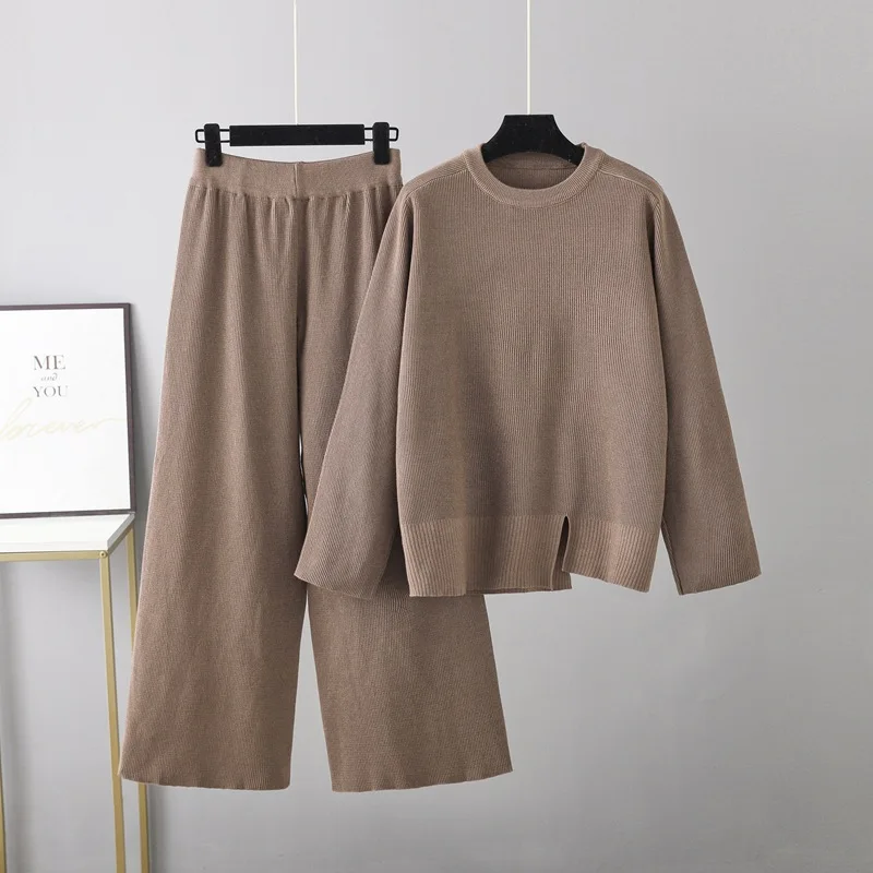 Two Piece Autumn Knit Loose Slit Sweater Women Sweater Tracksuits Winter Fashion Wide Leg Pant Suits Female Casual Pants Sets