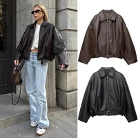 Chaquetas Bomber de cuero PU Vintage para mujer, abrigo de bolsillo de manga larga con solapa y cremallera, ropa informal suelta con cinturón, otoño 2025