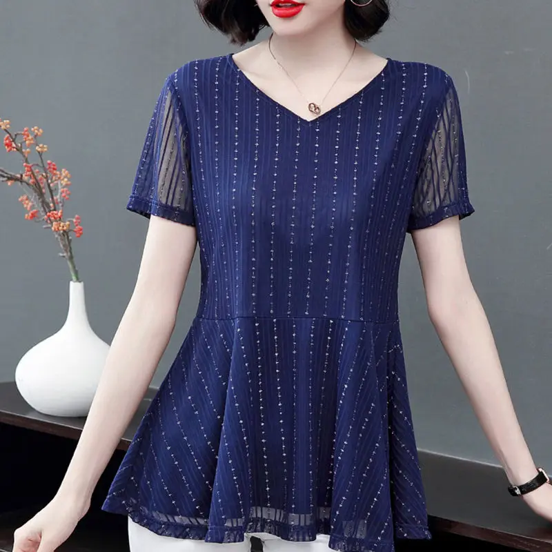 Women\'s Clothing Commute Solid Color Shirt Summer Short Sleeve Elegant V-Neck Spliced Casual Stylish Bright Silk Gauze Blouse