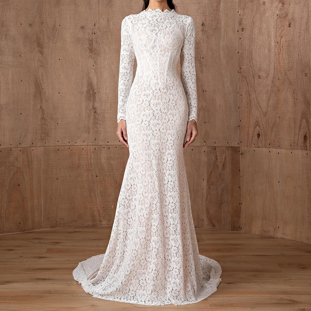 

Customized Lace Mermaid Evening Dress Crew neck Floor Length Long Sleeves Panel Train White Luxury Bespoke Occasion Gowns