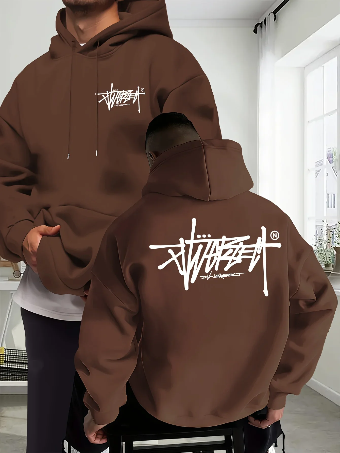 

New men's stylish autumn/winter hooded sweatshirt casual everyday drawstring hoodie creative print design unisex top
