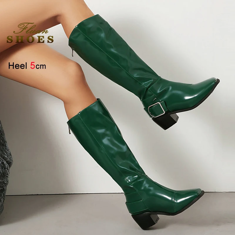 

2025 Autumn Winter Knight Boots Coarse Heel Women Shoes Long Boots Square Head Leather Buckle 5cm High Heels Knee Length Boots