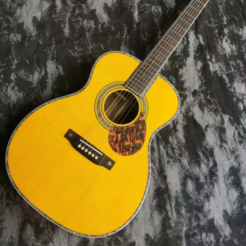 Hot sale OM42 Acoustic Guitar Solid Top Spruce Body HPL Neck Abalone Glossy Surface Exquisite Workmanship Protective Plate