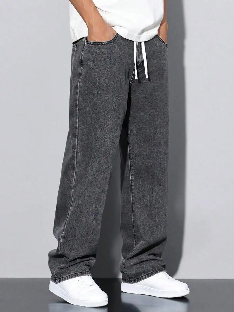 

Loose Drawstring Waist Wide Leg Denim Jeans For Men