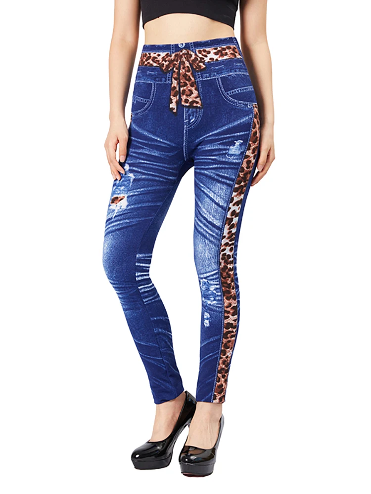 CUHAKCI High Waist Fake Leopard Bow Print Blue Jeggings Stretch Slim Fit Pencil Pant Faux Denim Sexy Women Workout Yoga Legging