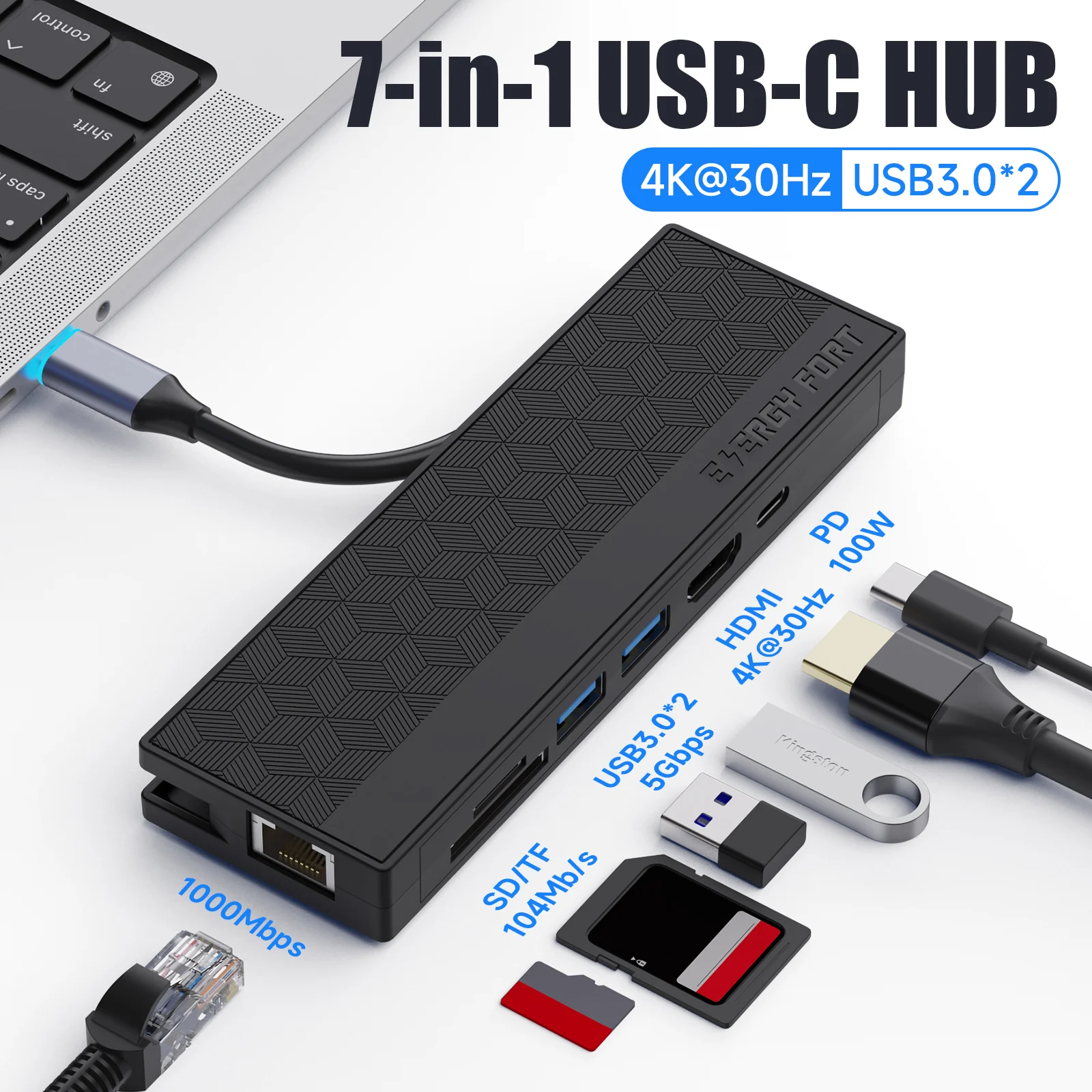 

7 in 1 USB-C Hub RJ45 PD 100W TypeC HDMI 2.0 4K USB3.0 Gigabit Ethernet Port Adapter Dock For Macbook Air Pro M2 M1 Splitter